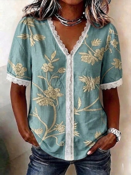 V Neck Short Sleeve Botanical Pattern Regular Regular Fit Blouse For Women