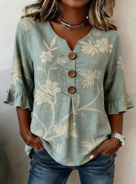 

Women Floral V Neck Half Sleeve Blouse Printing Vintage Daily Summer Top, Green, Blouses
