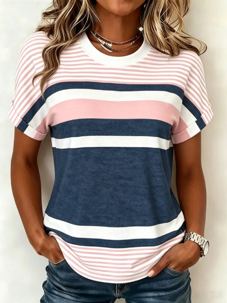 Casual Striped Crew Neck Short Sleeve T-shirt