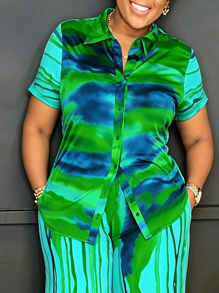 Casual GeometricColor Block Buttoned Shirt, Green, Blouses and Shirts