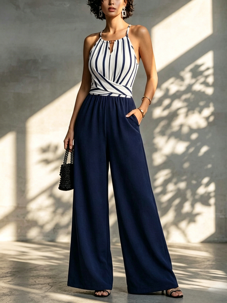 

Casual Split Joint Color Block Halter Neck Tank Jumpsuit, Blue, Jumpsuits