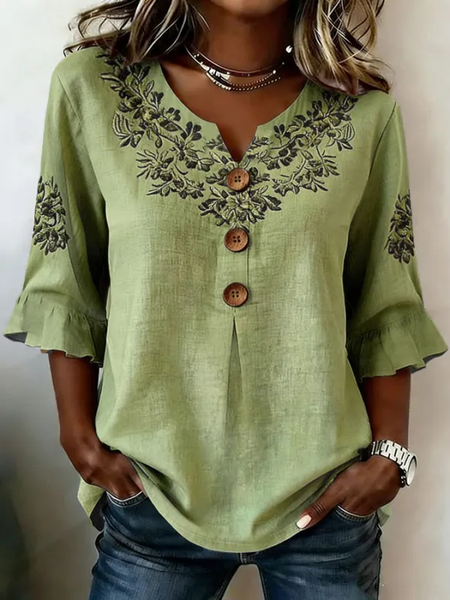

V Neck Half Sleeve Floral Printing Regular Micro-Elasticity Regular Fit Blouse For Women, Green, Blouses