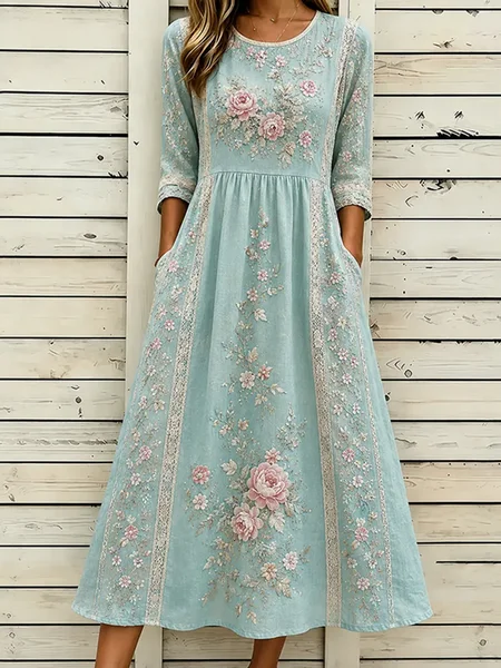 

Women Floral Half Sleeve Crew Neck Printing Dress Daily Casual Maxi H-Line Summer Dress, Blue, Casual Dresses