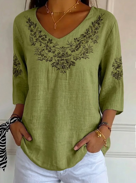 

Women Floral Three Quarter Sleeve Tee T-shirt V Neck Printing Casual Graphic Tee Spring/Fall Top, Green, T-Shirts