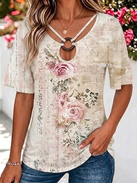 

Vintage Floral Crew Neck Short Sleeve T-shirt, As picture, T-shirts