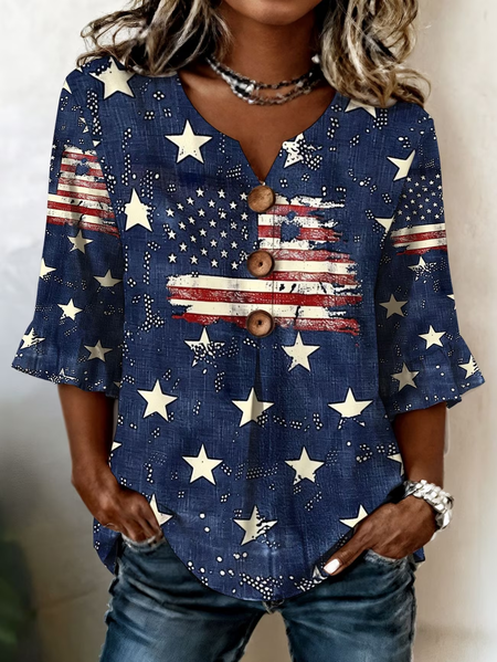 V Neck Half Sleeve Star Printing Regular Micro-Elasticity Regular Fit Blouse For Women