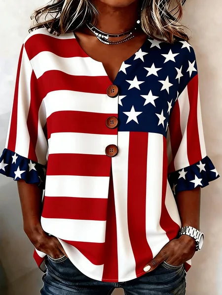 V Neck Half Sleeve Independence Day (Flag) Printing Regular Micro-Elasticity Regular Fit Blouse For Women