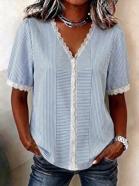 V Neck Short Sleeve Striped Regular Regular Fit Blouse For Women