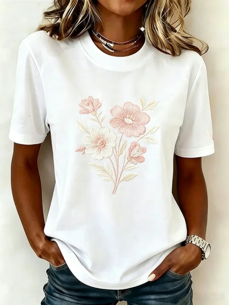 

Casual Floral Crew Neck Short Sleeve T-shirt, White, T-shirts