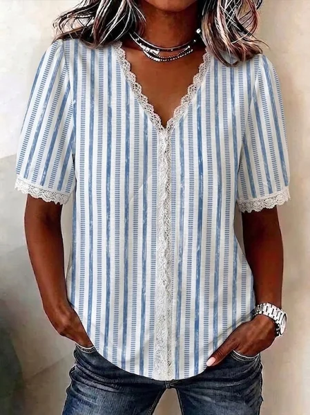 V Neck Short Sleeve Striped Regular Regular Fit Blouse For Women