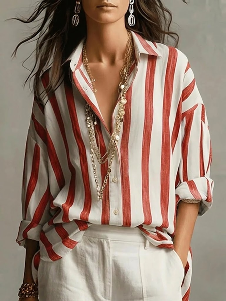 Shirt Collar Regular Sleeve Long Sleeve Striped Buckle Regular Loose Button Up Shirt Shirt For Women