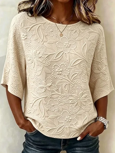 

Crew Neck Half Sleeve Floral Regular Loose Blouse For Women, Apricot, Blouses