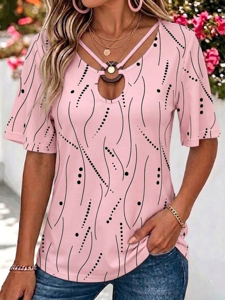 

Casual Geometric Crew Neck Short Sleeve T-shirt, Pink, T-shirts