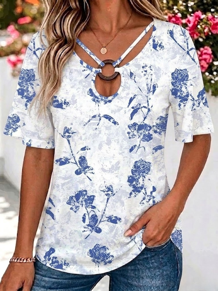 

Vintage Floral Crew Neck Short Sleeve T-shirt, Blue, T-shirts