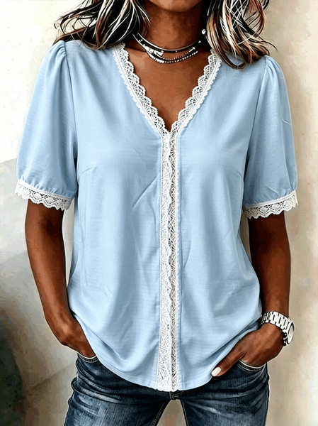 V Neck Short Sleeve Plain Regular Regular Fit Blouse For Women
