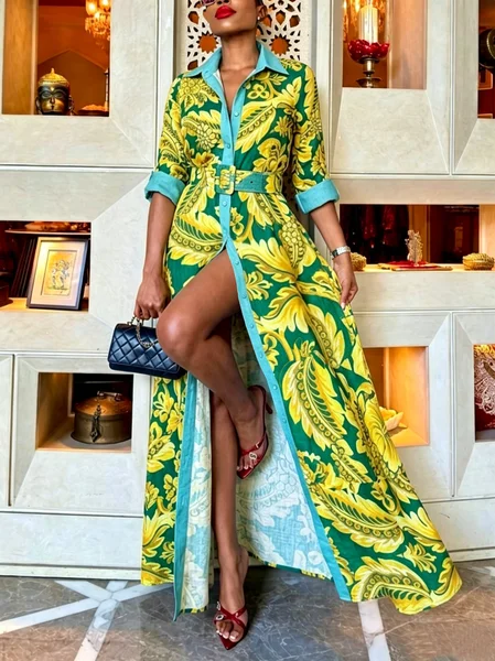 Elegant Plants Printing  Maxi Dress With Belt