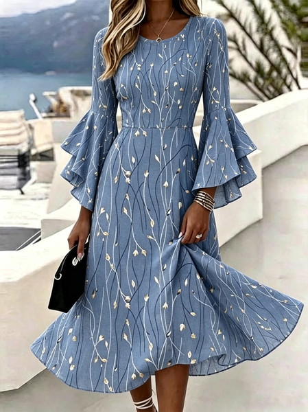 Women Floral Bell Sleeve Summer Dress V Neck Half Sleeve A-Line Dress