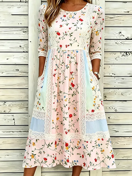Women Floral Summer Printing Dress Crew Neck Half Sleeve H-Line Dress