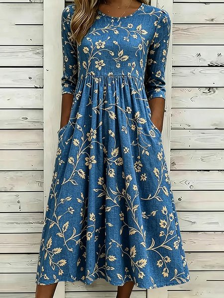 

Women Floral Summer Printing Dress Crew Neck Half Sleeve H-Line Dress, Blue, Dresses