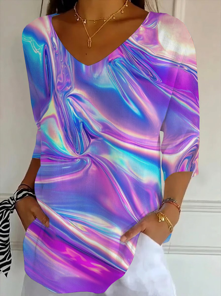 

Women Abstract Three Quarter Sleeve Tee T-shirt V Neck Printing Casual Graphic Tee Spring/Fall Top, Purple, T-Shirts