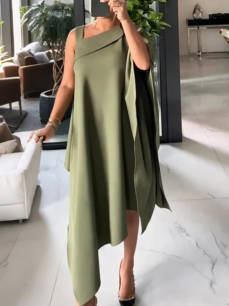 Casual Plain Irregular Craftsmanship Asymmetrical Midi Dress
