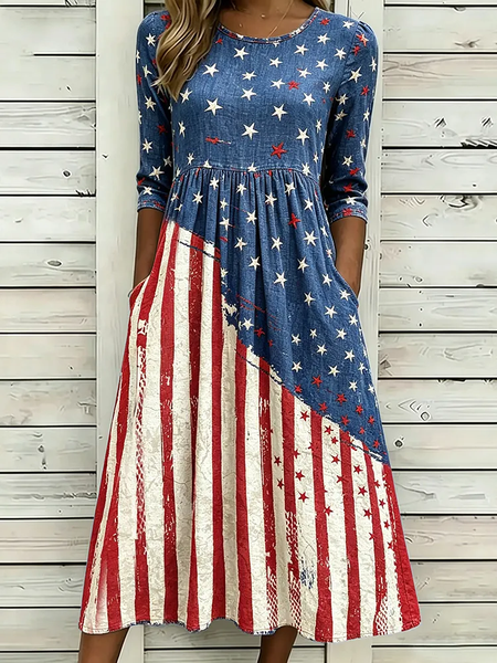 Women Independence Day (Flag) Summer Printing Dress Crew Neck Half Sleeve H-Line Dress