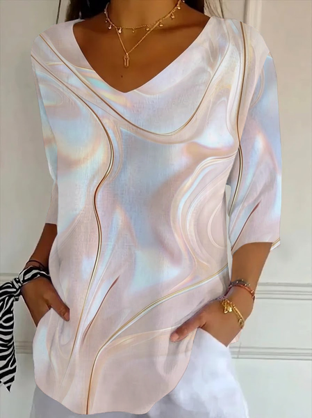 Women Abstract Three Quarter Sleeve Tee T-shirt V Neck Printing Casual Graphic Tee Spring/Fall Top