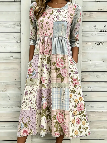 

Women Floral Summer Printing Dress Crew Neck Half Sleeve H-Line Dress, As picture, Dresses