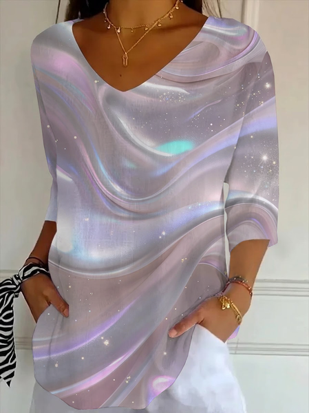 JustFashion – Women Abstract Three Quarter Sleeve Tee T-shirt V Neck Printing Casual Graphic Tee Spring/Fall Top
