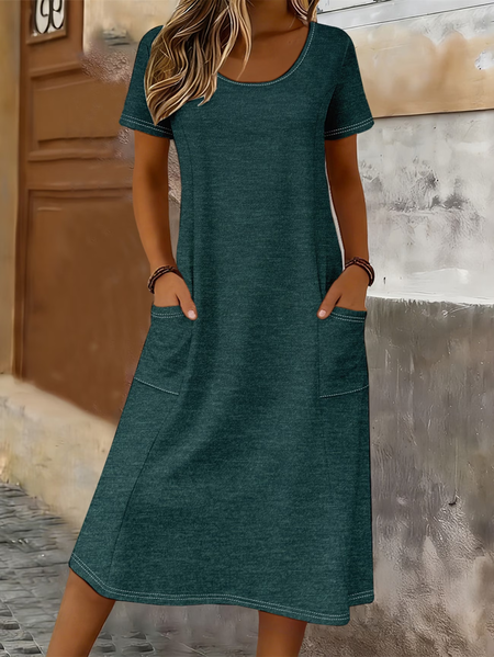 Women Plain Summer Pocket Stitching Dress Crew Neck Short Sleeve T-Shirt Dress H-Line Dress