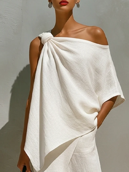 Cotton And Linen Vacation Plain Bow Asymmetrical Blouse