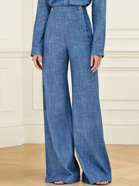 Cotton And Linen Elegant Grommets Plain Buttoned Straight Pants