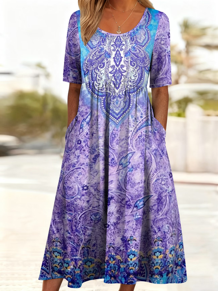 

Women Abstract Half Sleeve Crew Neck Printing Dress Daily Casual Maxi H-Line Summer Dress, Purple, Casual Dresses
