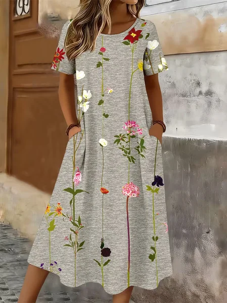 

Women Floral Short Sleeve Crew Neck Printing Dress Daily Casual Maxi T-Shirt Dress H-Line Summer Dress, Gray, Casual Dresses