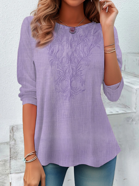 

Casual Floral Crew Neck Long Sleeve T-shirt, Purple, T-shirts