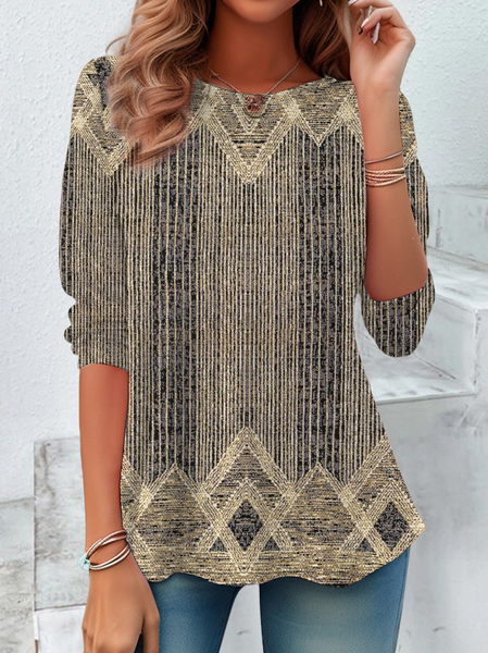 

Women Abstract Long Sleeve Tee T-shirt Crew Neck Casual Tunic Spring/Fall Top, Brown, T-Shirts