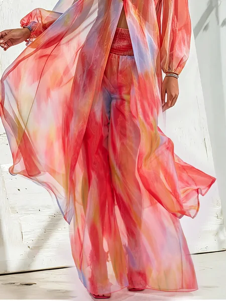 

Urban Ombre Printing Color Block Wide Leg Pants, Pink, Pants