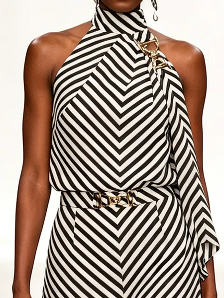 

Urban Geometric Color Block Striped Halter Neck Tank Top, Black, Tanks and Camis