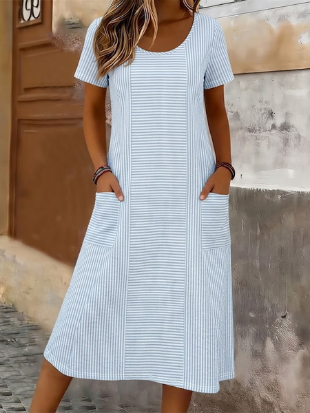 JustFashion – Women Striped Short Sleeve Crew Neck Printing Dress Daily Casual Maxi T-Shirt Dress H-Line Summer Dress