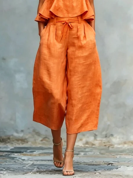 Casual Plain Lace-up Wide Leg Pants
