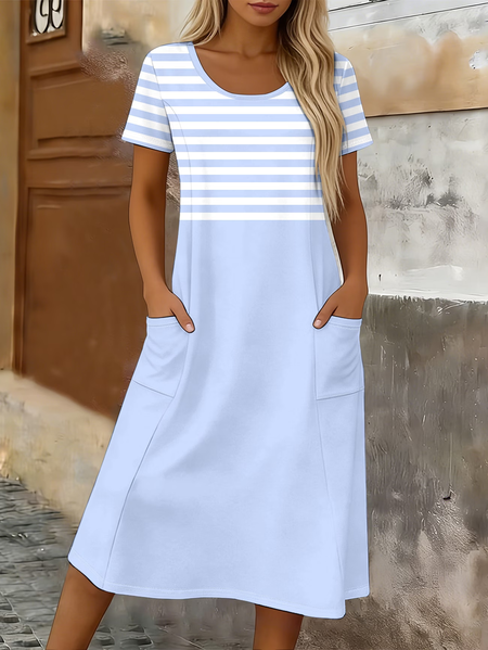 

Women Striped Short Sleeve Crew Neck Printing Dress Daily Casual Maxi T-Shirt Dress H-Line Summer Dress, Blue, Casual Dresses