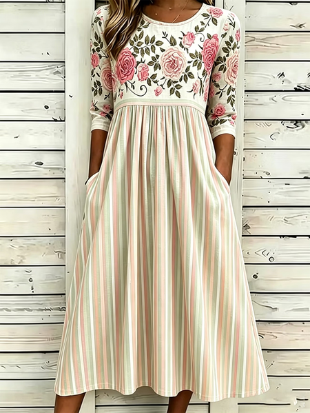 

Women Floral Half Sleeve Crew Neck Printing Dress Daily Casual Maxi H-Line Summer Dress, As picture, Casual Dresses