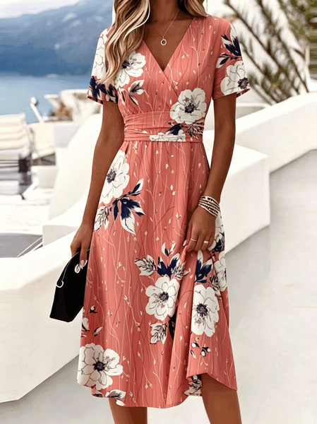 Women Floral Summer Dress V Neck Short Sleeve A-Line Dress