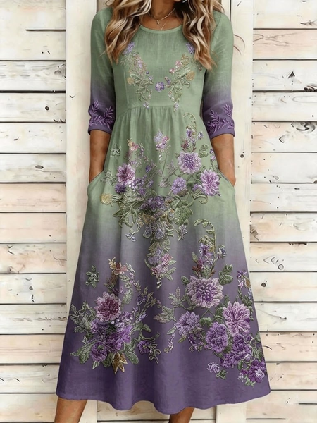 JustFashion – Women Floral Half Sleeve Crew Neck Dress Daily Vintage Maxi H-Line Summer Dress