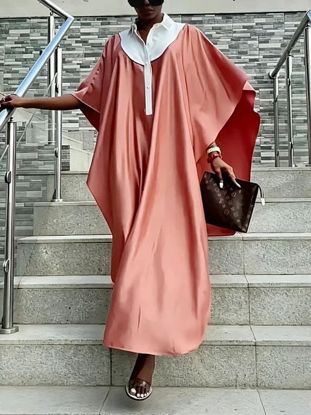Elegant Color Block Split Joint Shirt Collar Maxi Dress