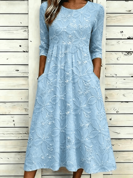 

Women Floral Summer Dress Crew Neck Half Sleeve A-Line Dress, Light blue, Dresses