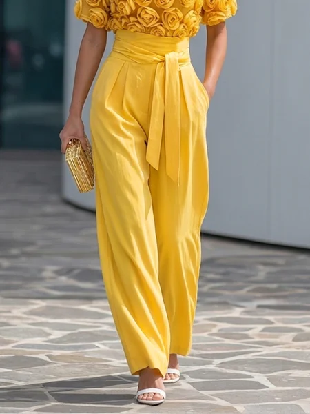 Elegant Plain Straight Pants With Belt