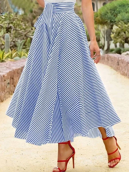 Elegant Printing Striped Midi Skirt With Belt