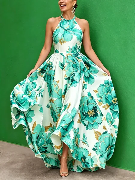 Vacation Floral Printing Halter Neck Maxi Dress