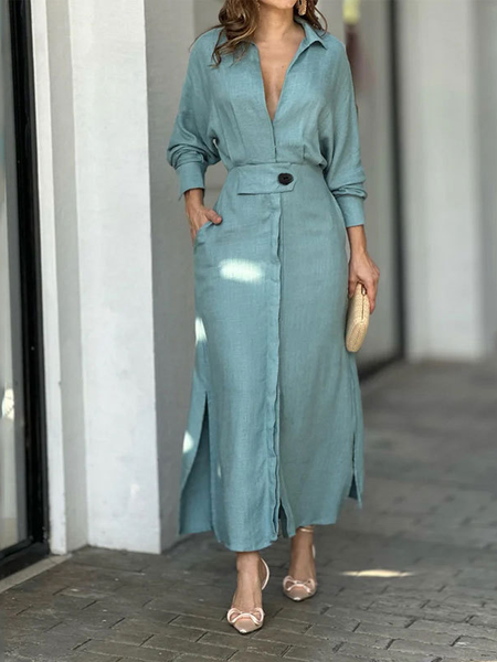 Women Plain Spring/Fall Split Joint Dress V Neck Long Sleeve Tank A-Line Dress